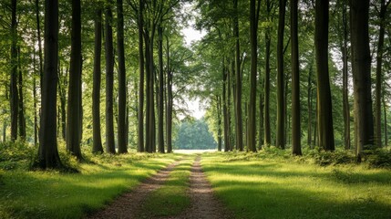 Fototapeta premium Sunlit Forest Path, Tranquil Woods, Peaceful Nature Scene, Perfect for Calm Desktop Background