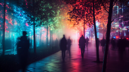 Obraz premium Mysterious urban night scene with blurred silhouettes walking through a neon-lit city street in fog