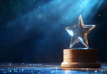 Elegant crystal star trophy with copy space illuminated by a spotlight on a dark stage