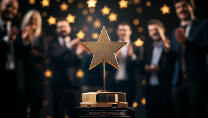 Gold star award with people clapping in the background, celebrating excellence and achievement