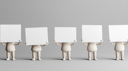 Five cartoon figures holding blank signs, conveying a sense of unity and teamwork, suitable for various messaging needs.