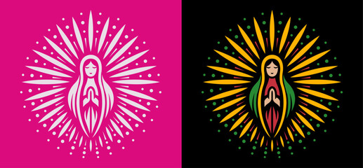 Virgin of Guadalupe, stylized Mexican Catholic Christian virgin, holy lady circular aura, traditional Mexican beliefs