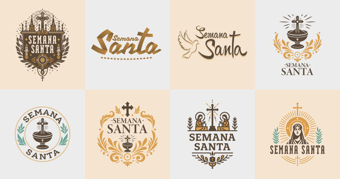 Semana Santa, Lent Holy Week spanish text, vector emblem collection Latin religious tradition Catholic good friday design set