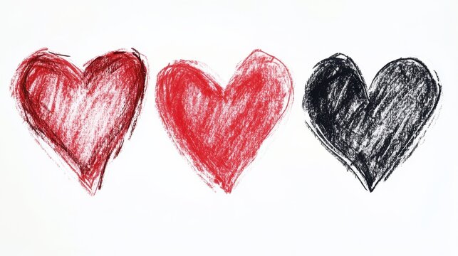 Three vibrant hearts in bold colors: red, bright red, and black, create a striking visual representation of love and emotion.