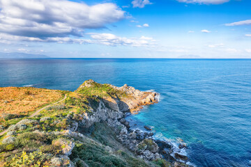 Fototapeta premium Scenic spring view on the the cape Milazzo panorama of nature reserve Piscina di Venere.