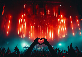 Concert crowd raising hands and forming a heart shape against stunning red and blue stage lights