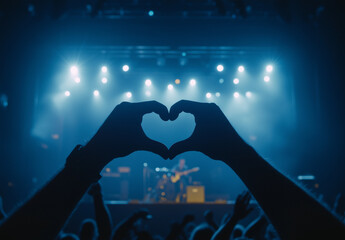 Hands forming a heart symbol in front of a live concert stage with bright blue lights and an enthusiastic crowd