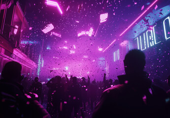 Futuristic cyberpunk city party scene with neon lights, confetti, and a crowd celebrating at night