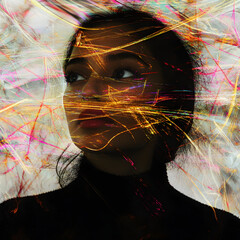 Enchanting Double Exposure Portrait of an Ethnically Diverse Woman: A Modern and Creative Expression with Captivating Light Trails and Vibrant Colors