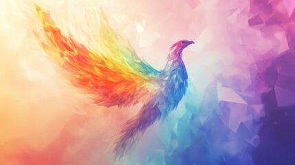 A vibrant, colorful phoenix emerging from an abstract background, showcasing its majestic wings in a spectrum of rainbow hues.