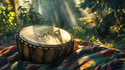 Obraz premium Handcrafted Tribal Drum on Colorful Ethnic Blanket Outdoors