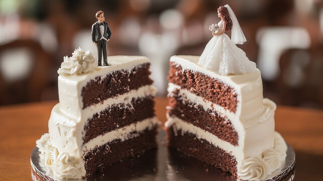 Wedding cake split in half with bride and groom figurines, symbolic concept of divorce and separation