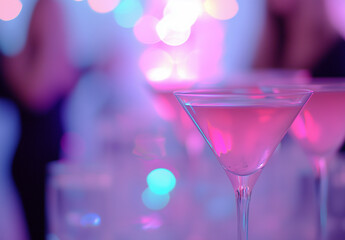 Close-up of a martini glass with pink lighting at an upscale event, concept of luxury nightlife and celebration