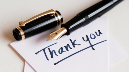 Fountain pen lies beside a thank you note message
