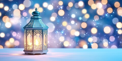 Ornate blue lantern glows against a festive background of bokeh