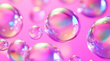 Colorful soap bubbles float against a vibrant pink background, creating a joyful and dreamy atmosphere.