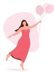 
A young woman in a dress with long hair holds balloons in her hand. Abstract silhouette of a tender girl. Vector flat graphics.