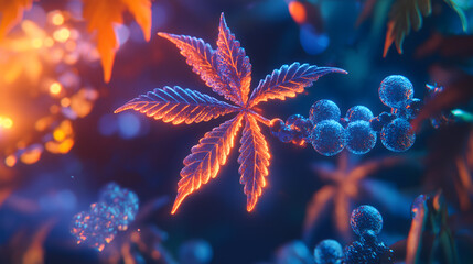 A detailed visualization of a THC molecule with glowing blue and orange hues, set in a futuristic abstract background