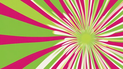 An abstract design featuring vibrant green and pink rays radiating from a bright yellow center, creating a lively and dynamic visual effect.