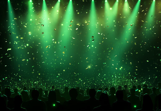 Green-lit concert stage with confetti falling on audience, music festival atmosphere and live performance energy