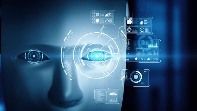 Robot hominoid face close up with graphic concept of big data analytic by AI thinking brain, artificial intelligence and machine learning process for the 4th fourth industrial revolution. 3D rendering