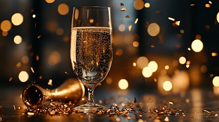 Sparkling champagne flute with confetti.