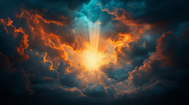 Heavenly light bursts forth, the clouds dispersing to create a sparkling trail marking Christ's glorious comeback