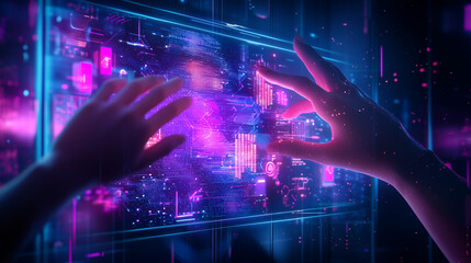 Two hands interact with a vibrant, holographic display showcasing dynamic data visualizations