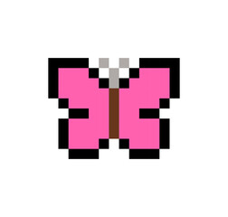 Pink Butterfly simple icon in 8-Bit Pixel Art isolated from white background - editable pixelated vector 