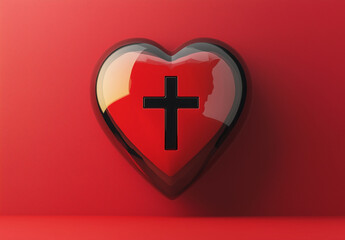 Obraz premium Red heart with black cross symbol on a red background, concept of faith, Christianity, and love