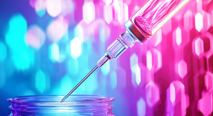 Abstract vaccination concept with syringe and vial against vibrant background for healthcare awareness campaigns