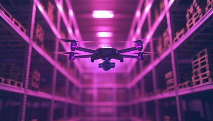 Flying drone scanning warehouse shelves under neon purple lighting, futuristic logistics and automation