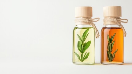 Two herbal oil bottles with wooden lids and twine