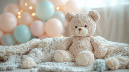 Soft teddy bear seated on a fluffy blanket surrounded by pastel balloons at a cozy indoor setting
