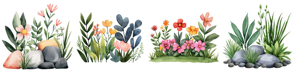 Obraz premium Lush garden scene with colorful flowers, rocks, and greenery, isolated on transparent background.