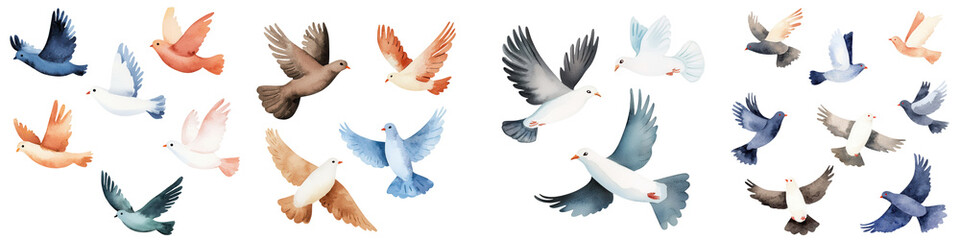 Fototapeta premium Flying doves in various colors create serene and peaceful atmosphere, isolated on transparent background.
