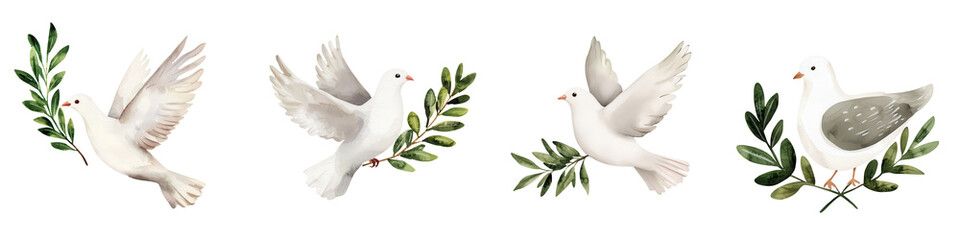 Peaceful doves with olive branches symbolize harmony and hope, isolated on transparent background.