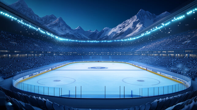 Illuminated ice hockey arena with bright lights and snowy mountain backdrop, empty stadium before game
