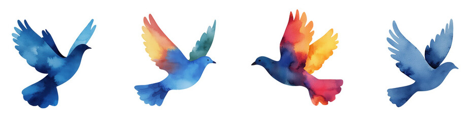Watercolor dove silhouettes in vibrant colors, perfect for design projects, isolated on transparent background.