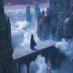 <Mystical Castle in the Clouds: A Magical Nighttime Fantasy Landscape with Enchanting Purple Skies and Tall Towers>