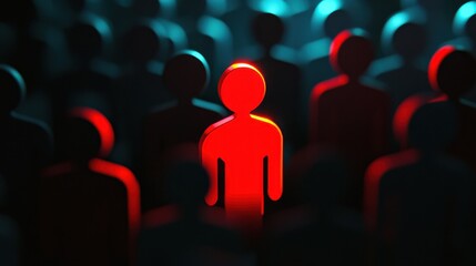 A striking red silhouette stands out among a sea of grey figures, symbolizing individuality and uniqueness in a crowd.