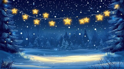 Obraz premium A serene winter night scene showcasing glowing star lights against a snowy backdrop, creating a magical and festive atmosphere.
