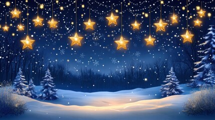 A tranquil winter scene featuring twinkling golden stars hanging against a deep blue sky, complemented by softly falling snow over a serene snowy landscape.