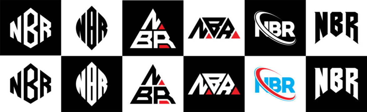 NBR letter logo design in six style. NBR polygon, circle, triangle, hexagon, flat and simple style with black and white color variation letter logo set in one artboard. NBR minimalist and classic logo