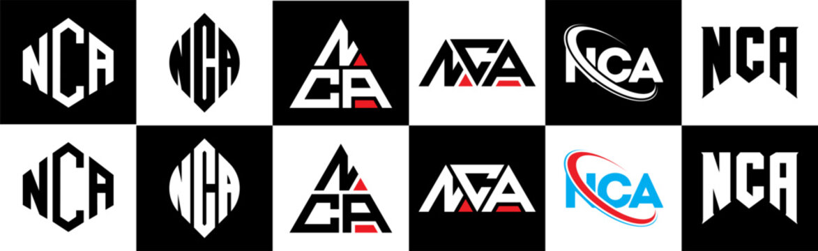 NCA letter logo design in six style. NCA polygon, circle, triangle, hexagon, flat and simple style with black and white color variation letter logo set in one artboard. NCA minimalist and classic logo