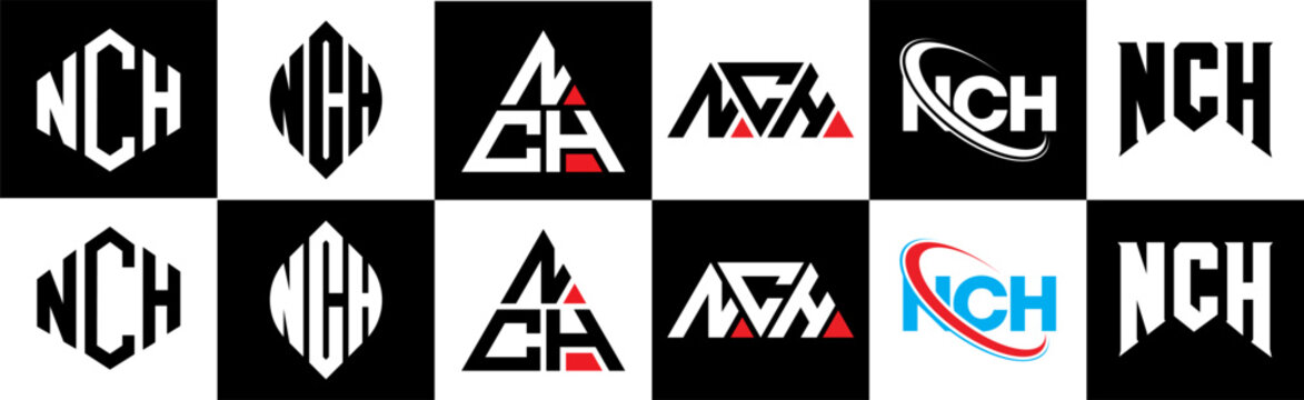 NCH letter logo design in six style. NCH polygon, circle, triangle, hexagon, flat and simple style with black and white color variation letter logo set in one artboard. NCH minimalist and classic logo