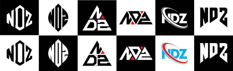 NDZ letter logo design in six style. NDZ polygon, circle, triangle, hexagon, flat and simple style with black and white color variation letter logo set in one artboard. NDZ minimalist and classic logo