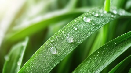 Close-up of vibrant green grass blades adorned with glistening water droplets, capturing the essence of freshness and nature's beauty.