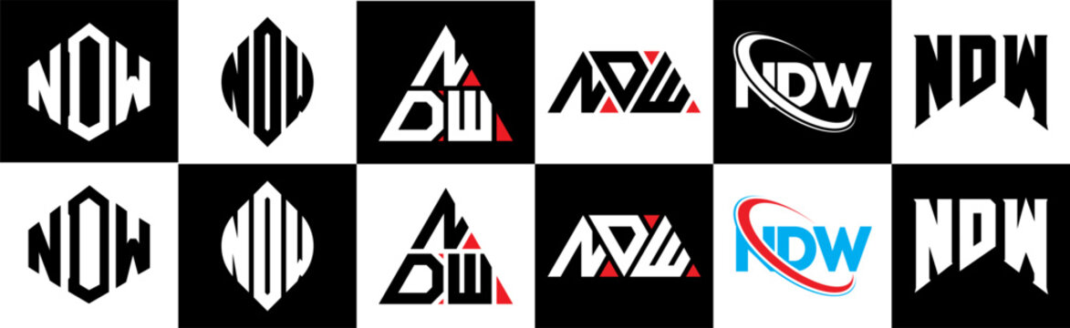 NDW letter logo design in six style. NDW polygon, circle, triangle, hexagon, flat and simple style with black and white color variation letter logo set in one artboard. NDW minimalist and classic logo