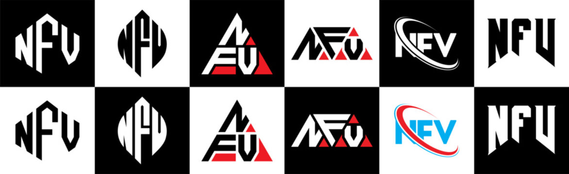 NFV letter logo design in six style. NFV polygon, circle, triangle, hexagon, flat and simple style with black and white color variation letter logo set in one artboard. NFV minimalist and classic logo